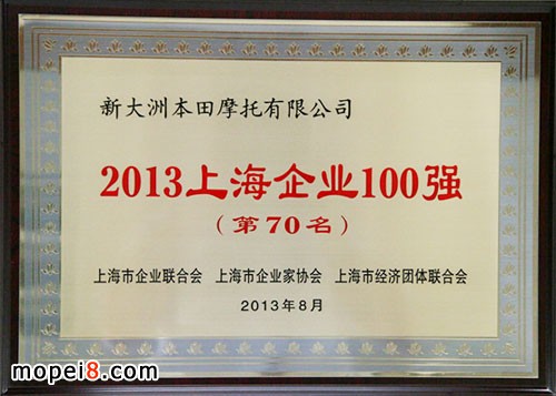 新大洲本田名列上海企业100强第70名_企业动